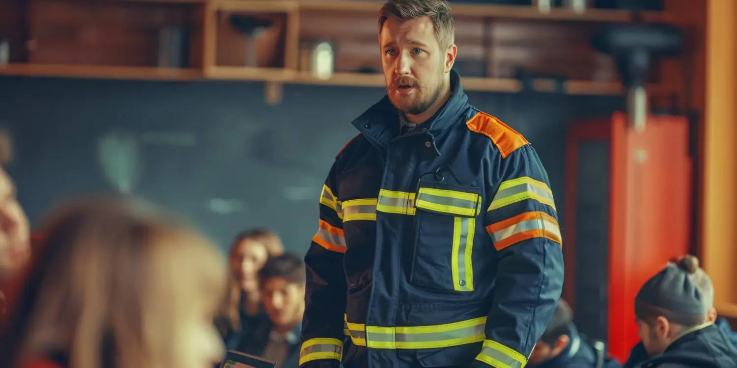 Ein Feuerwehrmann in Uniform gibt einer Gruppe von Menschen Sicherheitsanweisungen