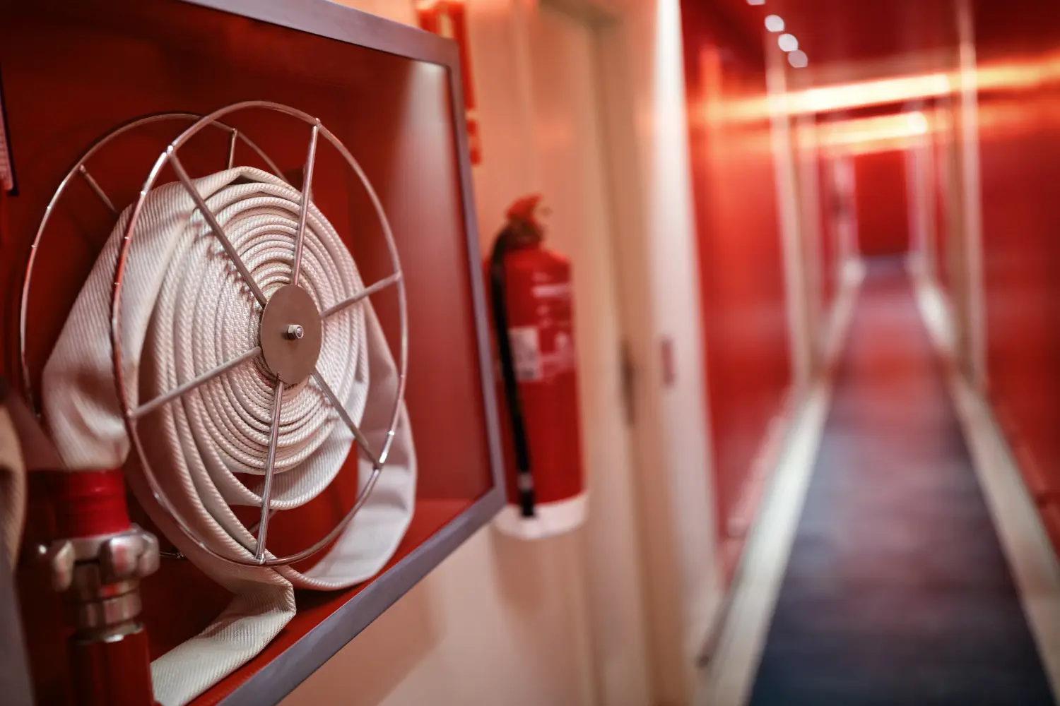 Feuerlöscher und Schlauchhaspel im Hotelkorridor